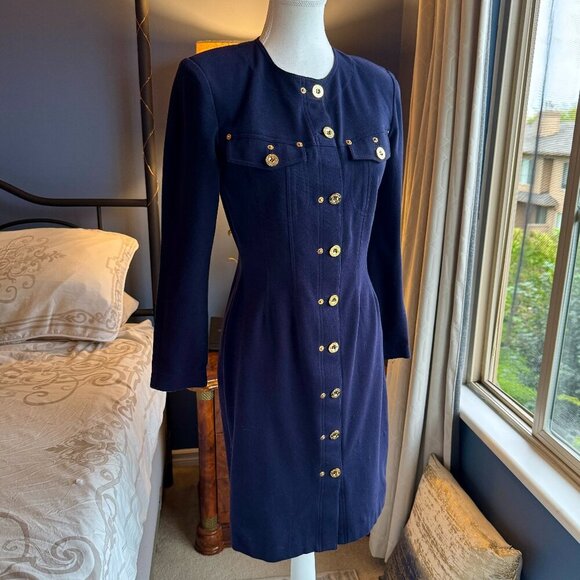 Adrienne Vittadini NWT Navy w Gold Buttons Long Sleeved Dress - Picture 11 of 16